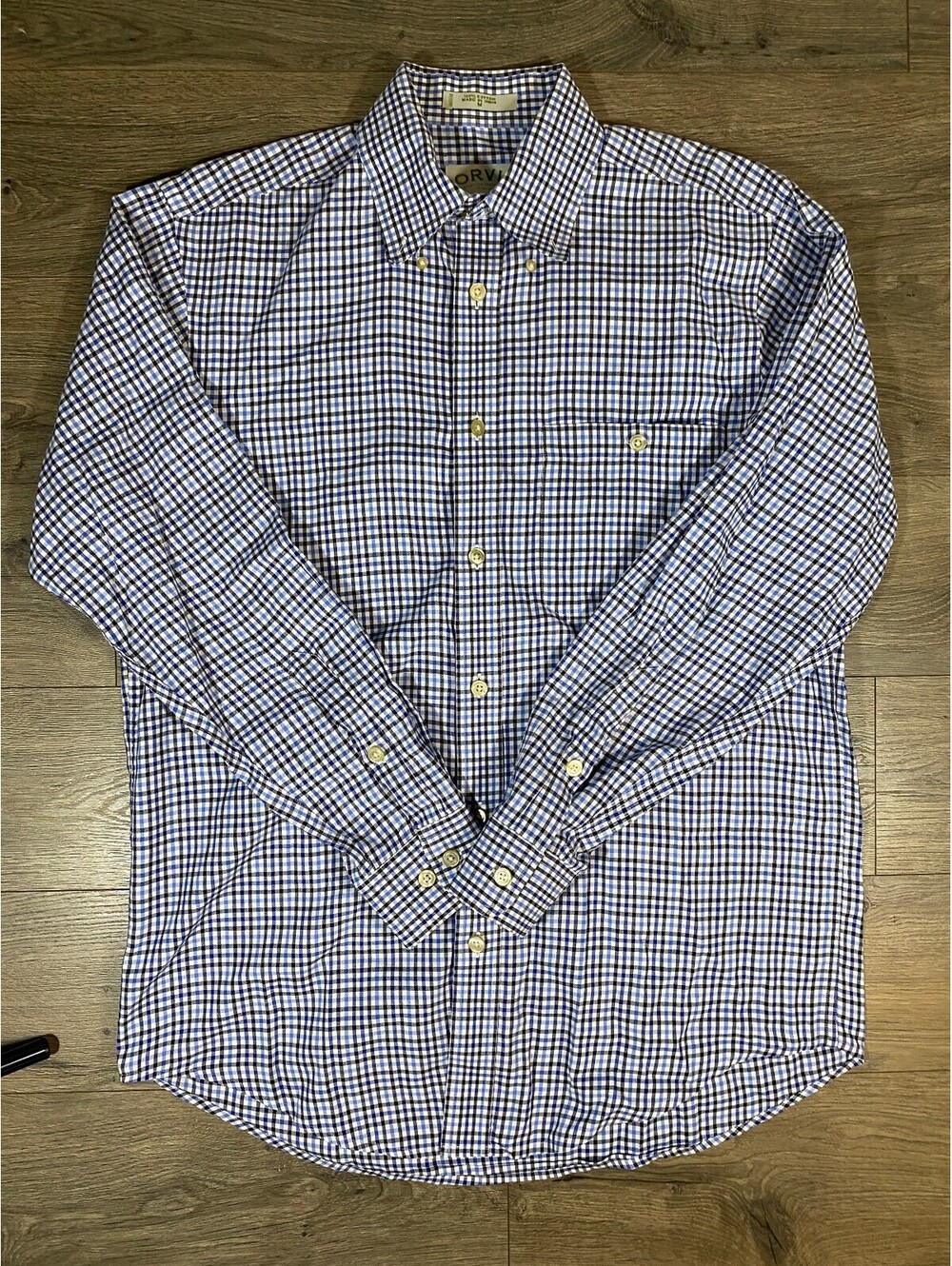 Orvis Shirt Mens Medium Blue White Gingham Check Cotton Long Sleeve Button Down